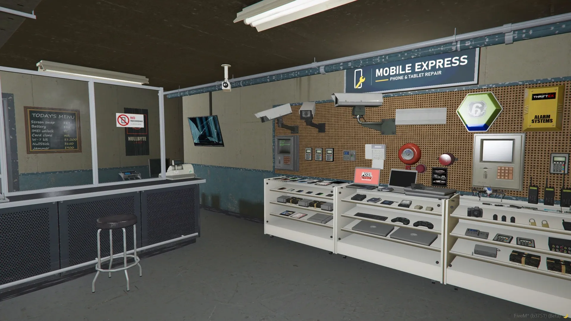 The shop: the counter behind glass on the left and, on the right, the Mobile Express sign over a demo wall of cameras, alarms, keypads and fingerprint readers above the display cases.