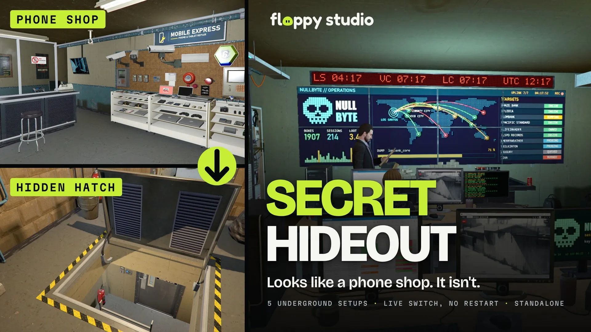Cover: the Mobile Express phone shop and the open hatch on the left; on the right, the operations room of the blackhat setup with the NULLBYTE video wall, and the words “Secret Hideout. Looks like a phone shop. It isn’t.”