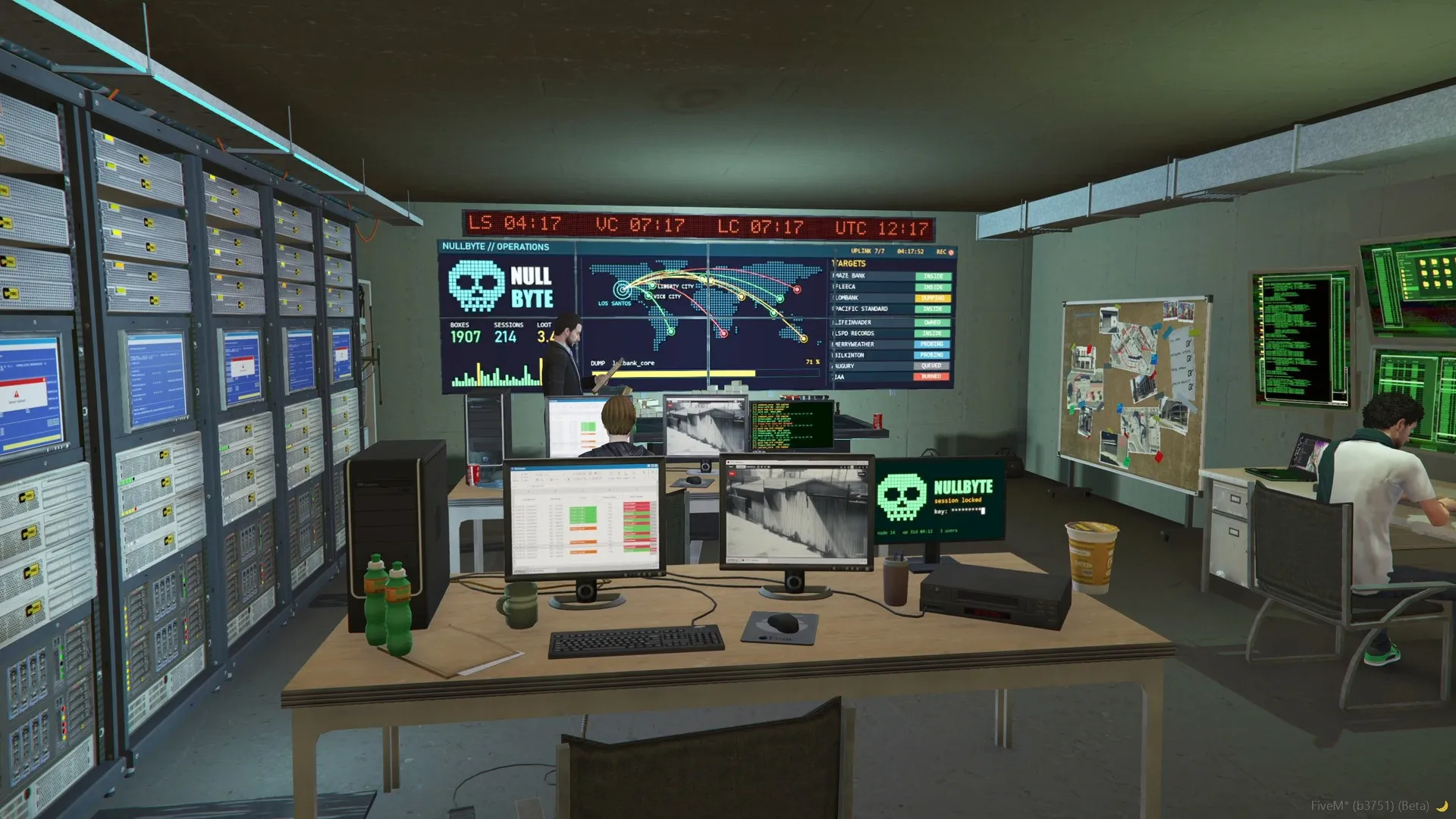 Blackhat setup, the hall: server racks on the left, the NULLBYTE video wall under the LED clock, and desks with monitors and a pinboard, with the crew at work.