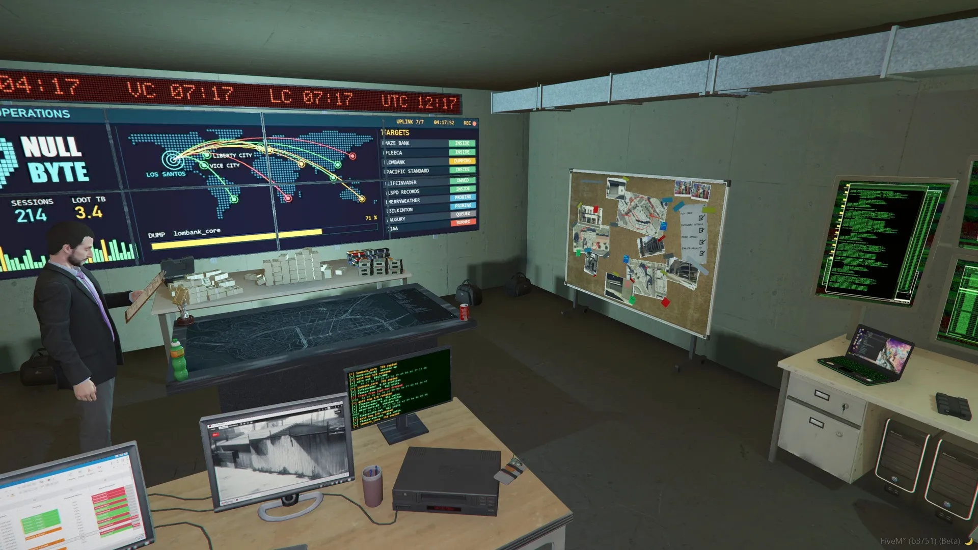 Blackhat setup: the video wall with a world map and a list of targets, the four-zone LED clock, the map table of Los Santos and a pinboard of photos.