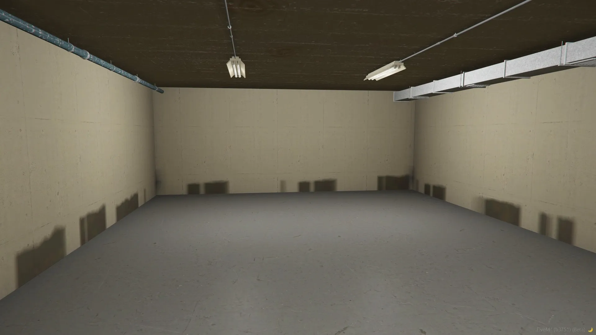 Empty setup, the hall: bare concrete walls and floor, strip lights, and a pipe and a duct along the ceiling.