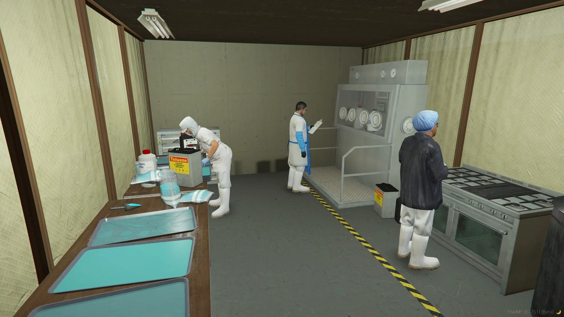 Meth setup, the hall: three cooks in protective gear among trays, chemical cans, a glovebox and an industrial stove.