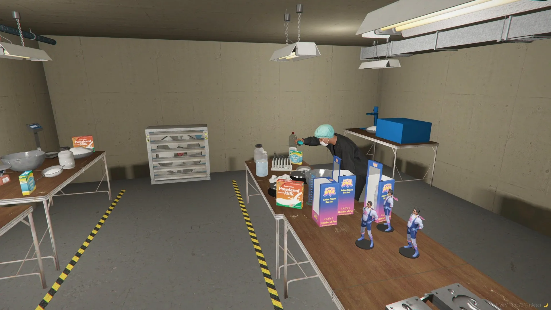 Coke setup, the hall: folding tables with scales, powdered milk and toy boxes, and a worker in a hairnet and mask.